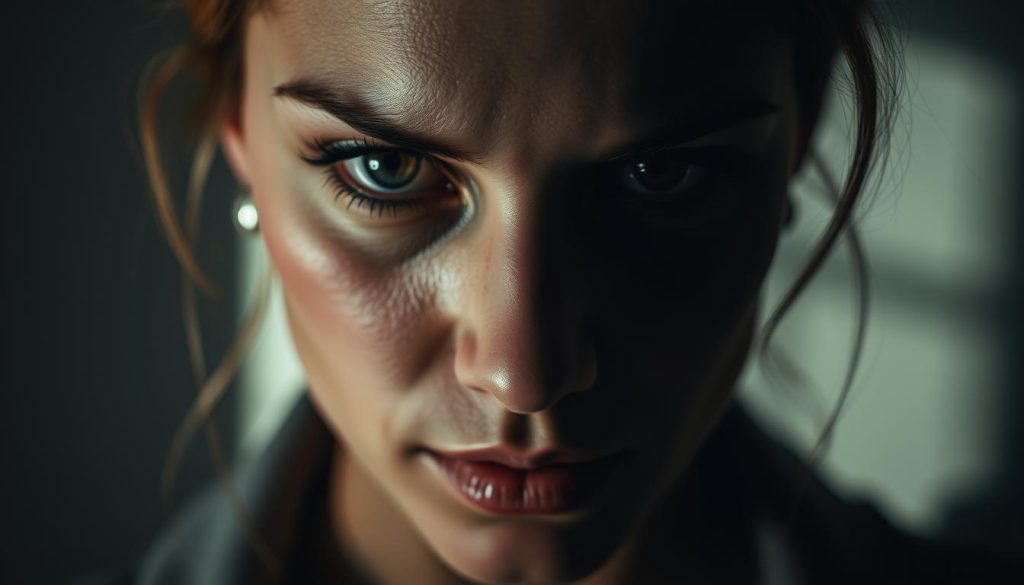 A close-up portrait of a woman's face, with intense, piercing eyes that captivate the viewer. The lighting is dramatic, casting shadows that accentuate the contours of her features. Her gaze is direct and unwavering, conveying a sense of mystery and intrigue. The background is soft and blurred, allowing the viewer to focus solely on the emotional connection between the subject and the observer. The overall mood is intimate and evocative, reflecting the theme of "Segnali che le piaci" and the power of subtle, nonverbal cues in conveying attraction and interest. A close-up portrait of a woman's face, with intense, piercing eyes that captivate the viewer. The lighting is dramatic, casting shadows that accentuate the contours of her features. Her gaze is direct and unwavering, conveying a sense of mystery and intrigue. The background is soft and blurred, allowing the viewer to focus solely on the emotional connection between the subject and the observer. The overall mood is intimate and evocative, reflecting the theme of "Segnali che le piaci" and the power of subtle, nonverbal cues in conveying attraction and interest.