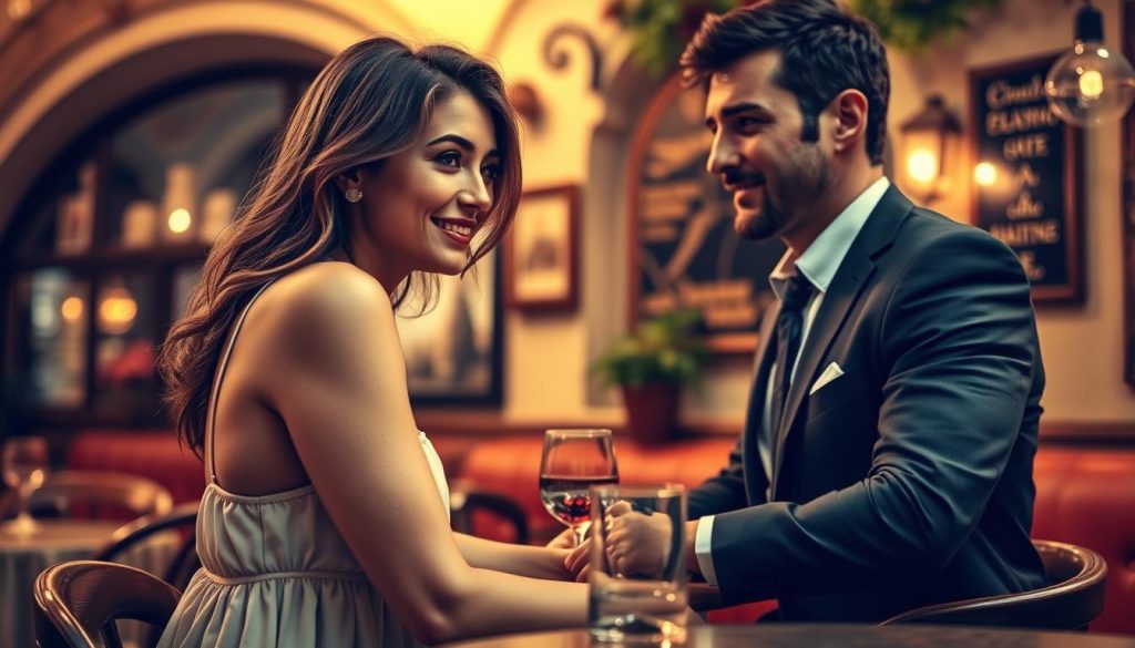 A cozy Italian cafe setting, with a couple engaged in playful flirtation. In the foreground, a woman in a chic sundress leans forward, her warm gaze and coy smile conveying an air of subtle allure. Her companion, a well-dressed man, responds with a charming, confident expression, hinting at the dynamics of courtship in Italian culture. The background features warm, soft lighting, casting a romantic ambiance, and the cafe's rustic decor adds to the intimate, inviting atmosphere. Capture the essence of the "Dinamiche di genere nel corteggiamento italiano" through this visually captivating scene. A cozy Italian cafe setting, with a couple engaged in playful flirtation. In the foreground, a woman in a chic sundress leans forward, her warm gaze and coy smile conveying an air of subtle allure. Her companion, a well-dressed man, responds with a charming, confident expression, hinting at the dynamics of courtship in Italian culture. The background features warm, soft lighting, casting a romantic ambiance, and the cafe's rustic decor adds to the intimate, inviting atmosphere. Capture the essence of the "Dinamiche di genere nel corteggiamento italiano" through this visually captivating scene.