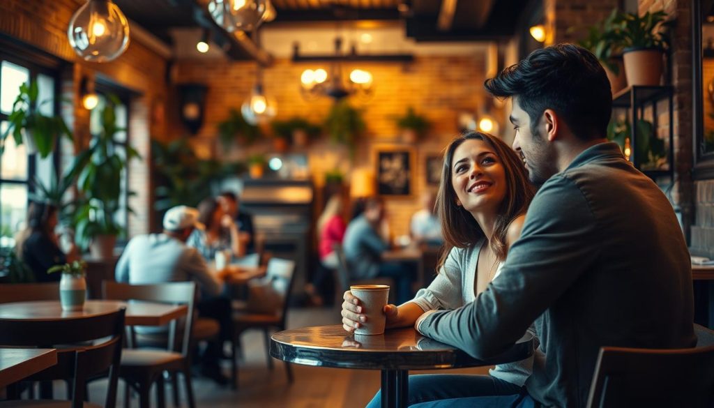 A cozy cafe interior, softly lit with warm lighting. In the foreground, a couple sitting at a small table, engaged in an intimate conversation. They lean in, making eye contact, their body language suggesting curiosity and connection. In the middle ground, other diners scattered throughout the space, creating a sense of atmosphere and ambiance. The background features a charming cafe aesthetic, with exposed brick walls, wooden furniture, and potted plants, evoking a relaxed, inviting atmosphere. The overall mood is one of openness, curiosity, and the potential for meaningful exchange.