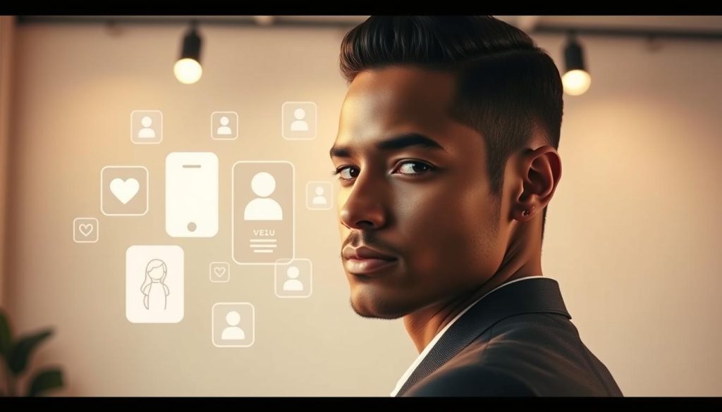 A modern, professional dating profile captured in a bright, warm-toned photoshoot. In the foreground, a portrait of a well-dressed individual posing confidently, their face partially obscured to convey a sense of mystery. In the middle ground, various dating app icons and interface elements subtly integrated, suggesting the digital realm in which this profile exists. The background features a clean, minimalist setting with muted colors, placing the focus on the subject and the idea of online dating. Soft, diffused lighting from multiple sources creates a flattering, almost ethereal atmosphere, emphasizing the importance and impact of a strong dating profile.