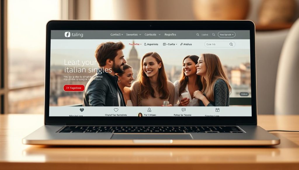 A panoramic, high-resolution image of a modern Italian dating website homepage, showcased on a sleek laptop screen. The homepage features a clean, minimalist design with elegant typography and carefully curated stock imagery. In the foreground, a group of young, attractive Italian singles are depicted engaging in lively conversation, their expressions conveying a sense of connection and potential romance. The middle ground depicts various interactive elements such as user profiles, matchmaking tools, and intuitive navigation menus. The background depicts a soft, blurred cityscape of Milan or Rome, bathed in warm, golden natural lighting that creates a welcoming and aspirational atmosphere. The overall scene conveys a sense of sophistication, modernity, and the promise of finding meaningful relationships through Italian online dating platforms. A panoramic, high-resolution image of a modern Italian dating website homepage, showcased on a sleek laptop screen. The homepage features a clean, minimalist design with elegant typography and carefully curated stock imagery. In the foreground, a group of young, attractive Italian singles are depicted engaging in lively conversation, their expressions conveying a sense of connection and potential romance. The middle ground depicts various interactive elements such as user profiles, matchmaking tools, and intuitive navigation menus. The background depicts a soft, blurred cityscape of Milan or Rome, bathed in warm, golden natural lighting that creates a welcoming and aspirational atmosphere. The overall scene conveys a sense of sophistication, modernity, and the promise of finding meaningful relationships through Italian online dating platforms.