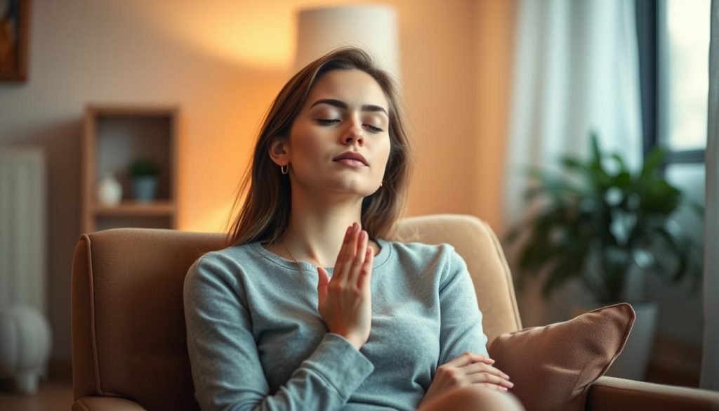 A peaceful, serene scene of a young woman sitting in a comfortable chair, preparing herself mentally for her first date. The soft, warm lighting casts a gentle glow on her face as she takes a deep breath, her eyes closed in contemplation. The background is blurred, with hints of a cozy, inviting room, creating a sense of intimacy and focus. The woman's expression is one of calm determination, as she visualizes the conversation, the laughter, and the connection she hopes to foster. The image conveys a sense of anticipation, excitement, and a touch of nervous energy, all tempered by the woman's intentional mental preparation for the special occasion. A peaceful, serene scene of a young woman sitting in a comfortable chair, preparing herself mentally for her first date. The soft, warm lighting casts a gentle glow on her face as she takes a deep breath, her eyes closed in contemplation. The background is blurred, with hints of a cozy, inviting room, creating a sense of intimacy and focus. The woman's expression is one of calm determination, as she visualizes the conversation, the laughter, and the connection she hopes to foster. The image conveys a sense of anticipation, excitement, and a touch of nervous energy, all tempered by the woman's intentional mental preparation for the special occasion.