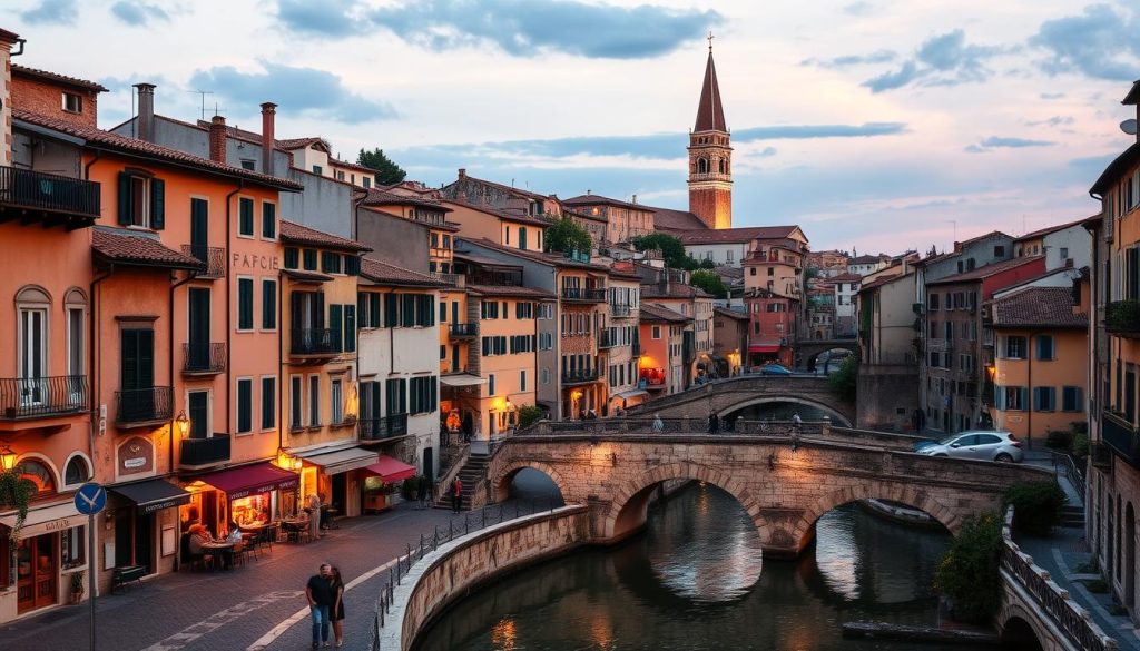 A picturesque Italian city at dusk, its cobblestone streets bathed in warm, golden light. Charming buildings with terracotta roofs, ornate balconies, and weathered facades line the winding canals. Arched stone bridges cross the still waters, reflecting the romantic scene. In the distance, a towering cathedral spire pierces the softening sky. Couples stroll hand-in-hand, pausing to admire the view or duck into cozy cafes. The air is filled with the aroma of freshly brewed espresso and the lively chatter of locals. This is the quintessential Italian romance, a city frozen in time and brimming with timeless elegance. A picturesque Italian city at dusk, its cobblestone streets bathed in warm, golden light. Charming buildings with terracotta roofs, ornate balconies, and weathered facades line the winding canals. Arched stone bridges cross the still waters, reflecting the romantic scene. In the distance, a towering cathedral spire pierces the softening sky. Couples stroll hand-in-hand, pausing to admire the view or duck into cozy cafes. The air is filled with the aroma of freshly brewed espresso and the lively chatter of locals. This is the quintessential Italian romance, a city frozen in time and brimming with timeless elegance.