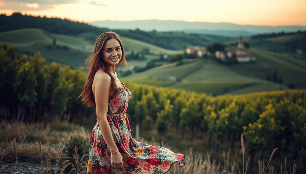 A picturesque Italian countryside landscape, with rolling hills, lush vineyards, and a charming village in the distance. In the foreground, a young Italian woman in a flowing, colorful dress stands gracefully, her warm and inviting expression capturing the viewer's attention. The scene is bathed in soft, golden light, creating a romantic and inviting atmosphere. The woman's body language and gaze suggest a sense of openness and approachability, inviting the viewer to engage with her. The overall composition evokes the essence of Italian culture and the allure of capturing the heart of an Italian woman. A picturesque Italian countryside landscape, with rolling hills, lush vineyards, and a charming village in the distance. In the foreground, a young Italian woman in a flowing, colorful dress stands gracefully, her warm and inviting expression capturing the viewer's attention. The scene is bathed in soft, golden light, creating a romantic and inviting atmosphere. The woman's body language and gaze suggest a sense of openness and approachability, inviting the viewer to engage with her. The overall composition evokes the essence of Italian culture and the allure of capturing the heart of an Italian woman.