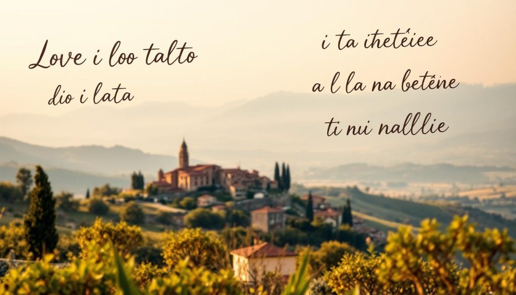A romantic Italian landscape with a dreamy, soft-focus effect. In the foreground, handwritten Italian love phrases gently float and drift across the frame, their letters delicately calligraphed in rich, expressive brushstrokes. The middle ground features a picturesque Italian village nestled among rolling hills, its charming architecture bathed in warm, golden light. In the background, a breathtaking vista of the Italian countryside unfolds, with distant mountains silhouetted against a hazy, pastel sky. The overall mood is one of wistful romance, serenity, and the beauty of the Italian language. A romantic Italian landscape with a dreamy, soft-focus effect. In the foreground, handwritten Italian love phrases gently float and drift across the frame, their letters delicately calligraphed in rich, expressive brushstrokes. The middle ground features a picturesque Italian village nestled among rolling hills, its charming architecture bathed in warm, golden light. In the background, a breathtaking vista of the Italian countryside unfolds, with distant mountains silhouetted against a hazy, pastel sky. The overall mood is one of wistful romance, serenity, and the beauty of the Italian language.