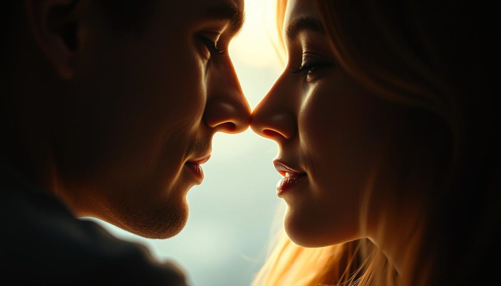 A romantic and intimate close-up of two people sharing a deep, soulful gaze, their faces illuminated by soft, warm lighting that casts a gentle, ethereal glow. The subjects' expressions convey a profound emotional connection, a sense of longing and attraction that radiates from the image. The background is softly blurred, allowing the viewer to focus solely on the powerful, almost tangible energy between the individuals. The composition is carefully framed to capture the essence of attraction, the magnetic pull that draws two hearts together. The image evokes a sense of wonder, intimacy, and the intangible yet undeniable force that draws us to another person.