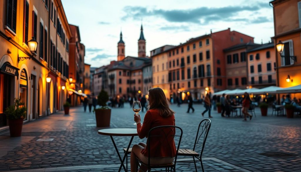 A serene Italian piazza at dusk, the cobblestone streets aglow with the soft light of lanterns. A couple sits at a cozy outdoor cafe, sipping wine and gazing into each other's eyes, lost in intimate conversation. In the background, the warm ochre hues of historic buildings create a romantic ambiance, while the distant silhouette of a church steeple adds to the picturesque scene. Gentle shadows and highlights sculpt the figures, emphasizing their tender embrace. The overall mood is one of timeless, Mediterranean charm and passion. A serene Italian piazza at dusk, the cobblestone streets aglow with the soft light of lanterns. A couple sits at a cozy outdoor cafe, sipping wine and gazing into each other's eyes, lost in intimate conversation. In the background, the warm ochre hues of historic buildings create a romantic ambiance, while the distant silhouette of a church steeple adds to the picturesque scene. Gentle shadows and highlights sculpt the figures, emphasizing their tender embrace. The overall mood is one of timeless, Mediterranean charm and passion.