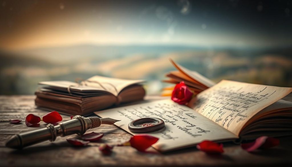 A serene and romantic scene of vintage-inspired love letters and handwritten poetry, illuminated by soft, warm lighting. The foreground features a delicate quill pen, a wax seal, and scattered rose petals, conveying the timeless charm of poetic expression. In the middle ground, antique books and parchment pages flutter gently, hinting at the rich literary heritage of Italian love poetry. The background is a blurred, dreamlike landscape of rolling hills and a starry night sky, creating an atmosphere of timeless enchantment. Muted colors and a slight vignette effect lend an air of nostalgic elegance to the composition. A serene and romantic scene of vintage-inspired love letters and handwritten poetry, illuminated by soft, warm lighting. The foreground features a delicate quill pen, a wax seal, and scattered rose petals, conveying the timeless charm of poetic expression. In the middle ground, antique books and parchment pages flutter gently, hinting at the rich literary heritage of Italian love poetry. The background is a blurred, dreamlike landscape of rolling hills and a starry night sky, creating an atmosphere of timeless enchantment. Muted colors and a slight vignette effect lend an air of nostalgic elegance to the composition.