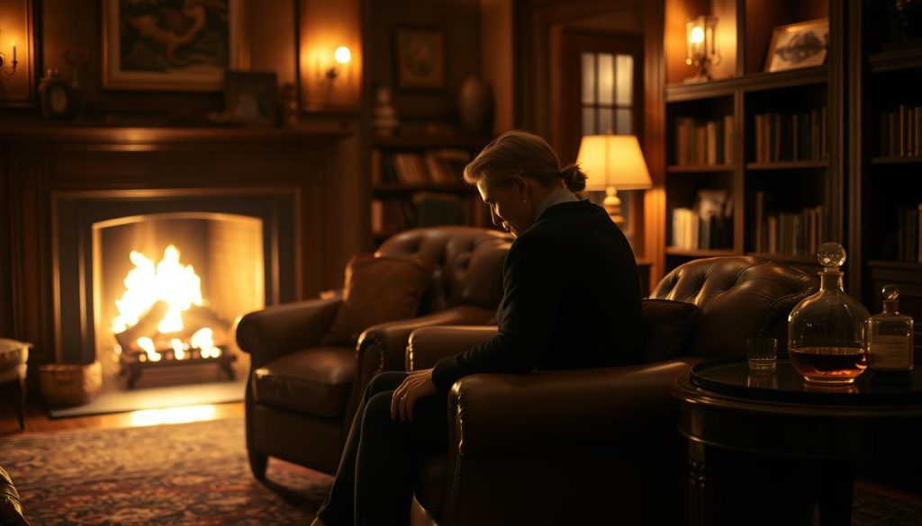 A serene, dimly lit study with plush leather armchairs and a roaring fireplace in the background. In the foreground, two figures sit close together, leaning in, their body language and subtle eye contact conveying a palpable sense of attraction and connection. Warm, soft lighting illuminates their faces, casting gentle shadows and highlighting their features. The room is adorned with bookshelves, a Persian rug, and a vintage decanter on a mahogany side table, creating an atmosphere of intellectual intimacy. The scene evokes a sense of introspection, subtlety, and the unspoken psychology underlying human attraction.