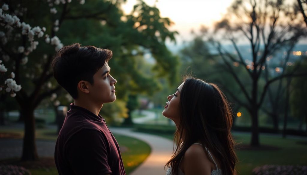 A serene park at dusk, the air filled with the scent of blooming flowers. In the foreground, two young lovers gaze into each other's eyes, their faces aglow with the warmth of a first, tender kiss. Soft shadows play across their features, highlighting the vulnerability and intimacy of the moment. The middle ground features a lush, verdant backdrop of swaying trees and a winding path, leading the eye towards the couple. In the distance, a faint cityscape can be seen, its lights twinkling like stars. The overall atmosphere is one of quiet, romantic enchantment, capturing the significance and significance of a first kiss. A serene park at dusk, the air filled with the scent of blooming flowers. In the foreground, two young lovers gaze into each other's eyes, their faces aglow with the warmth of a first, tender kiss. Soft shadows play across their features, highlighting the vulnerability and intimacy of the moment. The middle ground features a lush, verdant backdrop of swaying trees and a winding path, leading the eye towards the couple. In the distance, a faint cityscape can be seen, its lights twinkling like stars. The overall atmosphere is one of quiet, romantic enchantment, capturing the significance and significance of a first kiss.