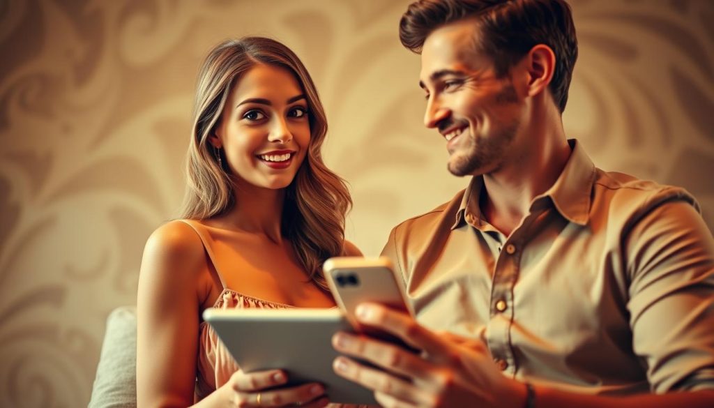 A stylish Italian couple flirting playfully on a video call, set against a backdrop of warm Mediterranean tones. The woman, dressed in a chic sundress, gazes coyly at the camera while the man, in a crisp collared shirt, leans in with a charming smile. Soft, diffused lighting creates an intimate, romantic atmosphere. The scene is framed to capture the dynamic interplay between the two figures, inviting the viewer to imagine the unfolding conversation and budding connection. The overall composition and styling evokes the vibrant, passionate essence of Italian courtship. A stylish Italian couple flirting playfully on a video call, set against a backdrop of warm Mediterranean tones. The woman, dressed in a chic sundress, gazes coyly at the camera while the man, in a crisp collared shirt, leans in with a charming smile. Soft, diffused lighting creates an intimate, romantic atmosphere. The scene is framed to capture the dynamic interplay between the two figures, inviting the viewer to imagine the unfolding conversation and budding connection. The overall composition and styling evokes the vibrant, passionate essence of Italian courtship.