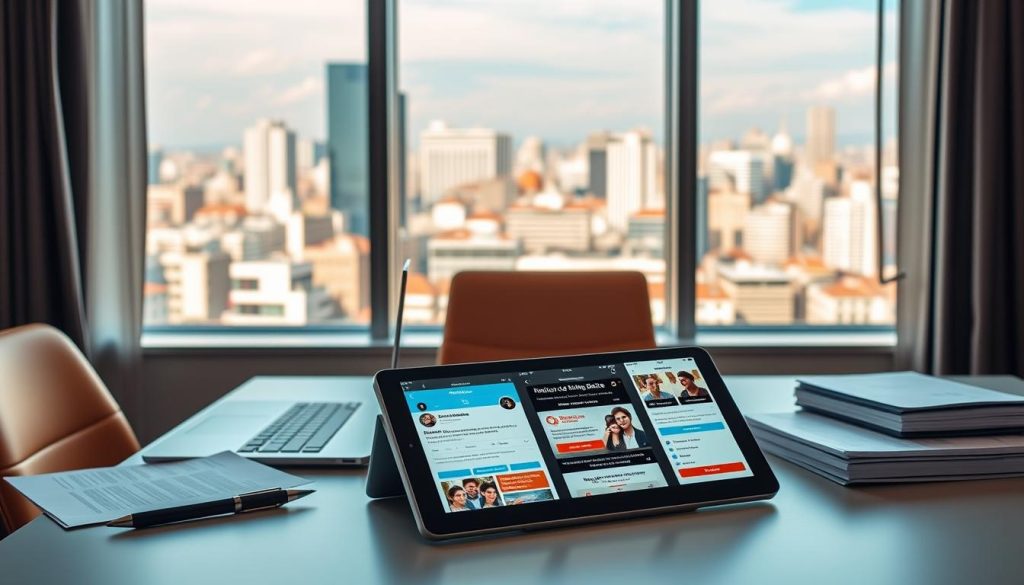 A stylish and modern office setting, with a minimalist desk featuring a laptop, pen, and a stack of papers. In the background, a large window overlooking a bustling city skyline, bathed in warm, natural lighting. On the desk, a tablet displays various dating app interfaces, showcasing the latest features and user-friendly designs of the top Italian dating sites. The atmosphere is professional yet inviting, conveying the idea of an informed and discerning individual exploring the best options for finding their perfect match online. A stylish and modern office setting, with a minimalist desk featuring a laptop, pen, and a stack of papers. In the background, a large window overlooking a bustling city skyline, bathed in warm, natural lighting. On the desk, a tablet displays various dating app interfaces, showcasing the latest features and user-friendly designs of the top Italian dating sites. The atmosphere is professional yet inviting, conveying the idea of an informed and discerning individual exploring the best options for finding their perfect match online.