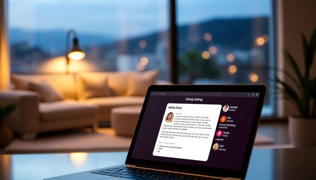 A stylish, modern dating profile with a warm, inviting atmosphere. In the foreground, a laptop or mobile device displays an online dating platform, showcasing a well-crafted profile with a flattering headshot, compelling bio, and thoughtfully curated personal details. The middle ground features a cozy, minimalist living space with neutral tones, soft lighting, and a sense of comfort and authenticity. In the background, a blurred urban landscape or nature scene provides a subtle, aspirational backdrop, evoking a sense of possibility and adventure. The overall mood is one of confident self-presentation, optimism, and the excitement of new connections.