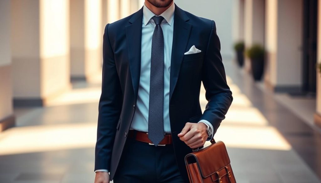 A tastefully styled ensemble for a first date, featuring a well-tailored navy suit, crisp white shirt, and a slim knit tie. The outfit is complemented by a pair of sleek leather oxfords and a minimalist leather briefcase. The lighting is soft and warm, casting a flattering glow on the model's confident posture. The background is a clean, urban setting with a hint of sophistication, conveying a sense of refinement and approachability. A tastefully styled ensemble for a first date, featuring a well-tailored navy suit, crisp white shirt, and a slim knit tie. The outfit is complemented by a pair of sleek leather oxfords and a minimalist leather briefcase. The lighting is soft and warm, casting a flattering glow on the model's confident posture. The background is a clean, urban setting with a hint of sophistication, conveying a sense of refinement and approachability.