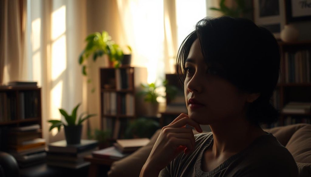 A thoughtful person in a cozy, dimly lit living room, surrounded by an array of books and plants. The subject's face is partially obscured, emphasizing the pensive, introspective mood. Soft, warm lighting casts gentle shadows, creating a sense of contemplation and curiosity. The composition draws the viewer's eye to the subject, who appears to be deep in thought, pondering the importance of questions in the early stages of a relationship. The overall scene evokes a sense of intimacy, reflection, and the value of meaningful dialogue.