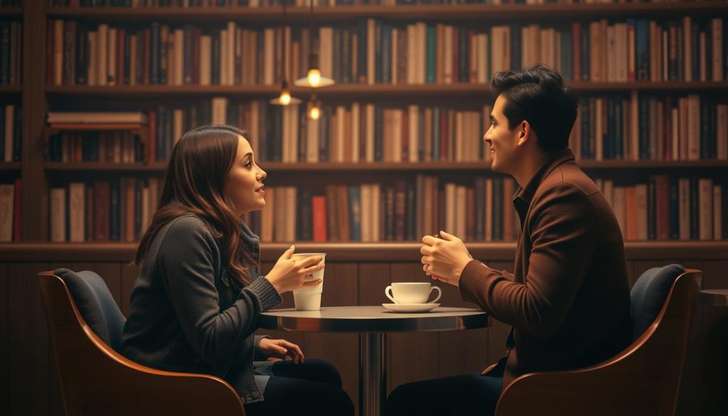 A warm, cozy cafe setting with a couple sitting across a small table, enjoying a cup of coffee together. Soft, diffused lighting illuminates their faces, creating an intimate, romantic atmosphere. The backdrop features a bookshelf-lined wall, adding a sense of coziness and introspection. The couple's body language suggests a first date, with subtle glances and a tentative but growing connection between them. The framing captures the couple in a three-quarter view, allowing the viewer to envision the perfect moment for a first kiss. A warm, cozy cafe setting with a couple sitting across a small table, enjoying a cup of coffee together. Soft, diffused lighting illuminates their faces, creating an intimate, romantic atmosphere. The backdrop features a bookshelf-lined wall, adding a sense of coziness and introspection. The couple's body language suggests a first date, with subtle glances and a tentative but growing connection between them. The framing captures the couple in a three-quarter view, allowing the viewer to envision the perfect moment for a first kiss.