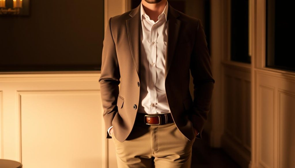 A well-dressed person stands in a softly lit, sophisticated setting, ready for a first date. The outfit features a tailored blazer, crisp button-down shirt, and slim-fit trousers in neutral tones, exuding a sense of refined style. Minimal yet elegant accessories, such as a leather belt and polished dress shoes, complete the look. The lighting casts a warm, romantic glow, creating an inviting atmosphere that sets the stage for a memorable first encounter.