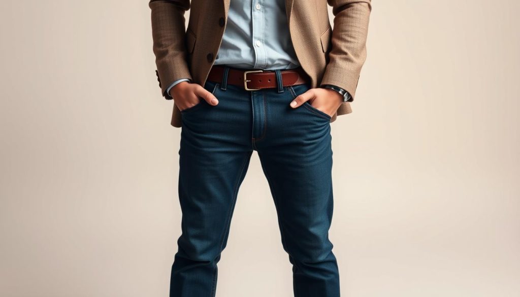 A well-dressed young man standing in a stylish yet casual outfit, meticulously tailored to create a confident, yet approachable look. The foreground features a slim-fit button-down shirt, dark wash jeans, and a sleek leather belt, complemented by a tailored blazer in a neutral tone that adds a touch of sophistication. The middle ground showcases a pair of classic leather dress shoes, polished to a shine. The background depicts a simple, softly-lit setting, allowing the subject's outfit to be the focal point, radiating an air of effortless style and sophistication suitable for a casual yet impressive first date.