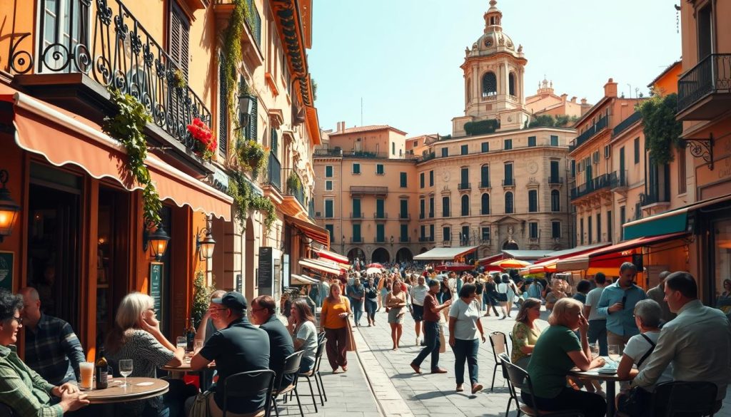 Prompt A vibrant scene depicting the rich cultural tapestry of Italy. In the foreground, a group of friends gathered around a cozy cafe table, animated conversation and laughter filling the air. The cafe's facade is adorned with wrought-iron balconies, trailing vines, and colorful awnings, reflecting the country's timeless architectural charm. In the middle ground, a bustling piazza comes alive with locals and tourists alike, weaving through quaint alleyways and browsing the stalls of a lively open-air market. The background is dominated by the towering, sun-dappled facades of historic buildings, their ornate details and warm, ochre tones creating a sense of timeless elegance. Warm, golden lighting bathes the entire scene, evoking the inviting, convivial atmosphere of a quintessential Italian setting. Prompt A vibrant scene depicting the rich cultural tapestry of Italy. In the foreground, a group of friends gathered around a cozy cafe table, animated conversation and laughter filling the air. The cafe's facade is adorned with wrought-iron balconies, trailing vines, and colorful awnings, reflecting the country's timeless architectural charm. In the middle ground, a bustling piazza comes alive with locals and tourists alike, weaving through quaint alleyways and browsing the stalls of a lively open-air market. The background is dominated by the towering, sun-dappled facades of historic buildings, their ornate details and warm, ochre tones creating a sense of timeless elegance. Warm, golden lighting bathes the entire scene, evoking the inviting, convivial atmosphere of a quintessential Italian setting.