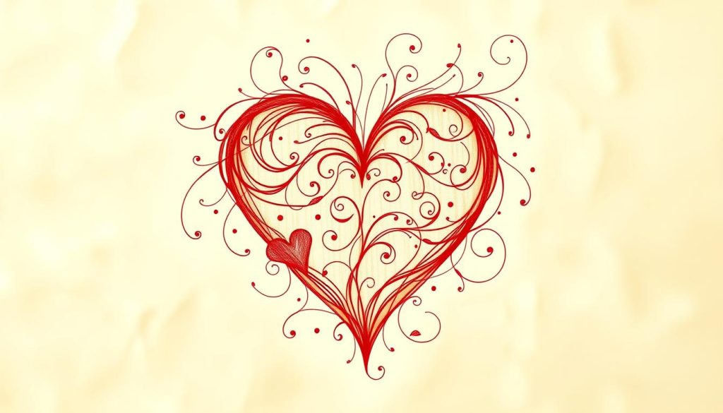 A beautiful, hand-drawn heart filled with intricate, swirling lines and patterns in warm, earthy tones. The heart is the central focus, delicately rendered with fine brush strokes and shaded to create depth and texture. The background is softly blurred, allowing the heart to stand out prominently, capturing the essence of a poetic, heartfelt verse. The overall composition is balanced and harmonious, conveying a sense of elegance and romance, perfectly suited to illustrate the section on "Le poesie d'amore più belle: una selezione di versi che parlano al cuore". A beautiful, hand-drawn heart filled with intricate, swirling lines and patterns in warm, earthy tones. The heart is the central focus, delicately rendered with fine brush strokes and shaded to create depth and texture. The background is softly blurred, allowing the heart to stand out prominently, capturing the essence of a poetic, heartfelt verse. The overall composition is balanced and harmonious, conveying a sense of elegance and romance, perfectly suited to illustrate the section on "Le poesie d'amore più belle: una selezione di versi che parlano al cuore".