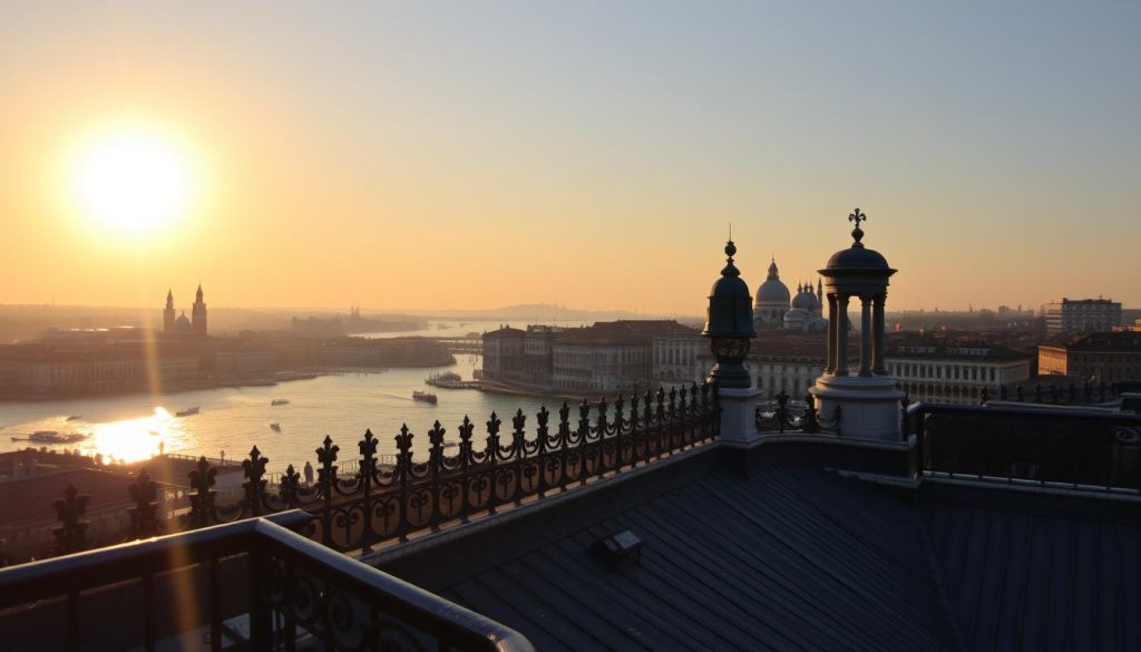 A breathtaking vista of Venice's iconic skyline, bathed in the warm glow of a setting sun. In the foreground, a picturesque rooftop terrace with wrought-iron railings, offering a prime vantage point to admire the scene. The middle ground features the majestic campaniles and domes of St. Mark's Basilica and the Doge's Palace, their intricate architectural details reflected in the serene waters of the lagoon. In the distance, the horizon is dotted with the silhouettes of historic buildings, their outlines softened by a hazy, golden light. The overall atmosphere is one of tranquility and wonder, evoking a sense of timeless beauty and the magic of this enchanting city.
