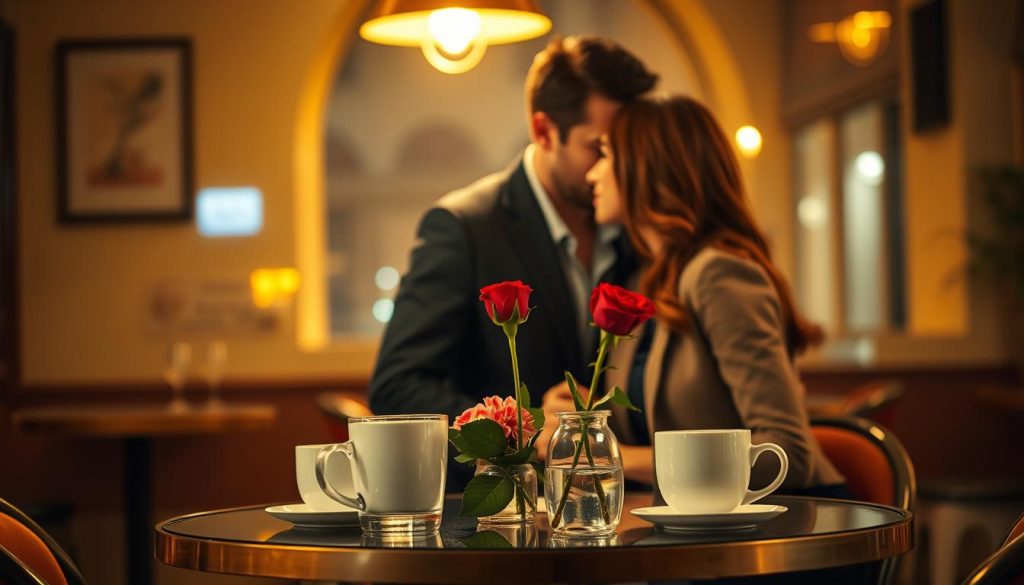 A charming first date scene set in a cozy Italian cafe, bathed in warm, golden lighting from a single hanging lamp. In the foreground, a small table with a simple yet elegant floral centerpiece, two cups of steaming espresso, and a single red rose in a slim glass vase. The couple, dressed smartly but casually, lean in close, engaged in intimate conversation, their body language conveying a sense of connection and budding romance. The background is hazy, out of focus, creating a sense of intimacy and drawing the viewer's attention to the couple. The overall mood is one of understated sophistication, romance, and the anticipation of a promising new relationship.