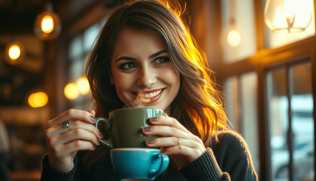 A charming, mischievous woman with a radiant smile that warms the heart. She stands in a cozy, dimly lit cafe, sipping a steaming cup of coffee while playfully glancing at the viewer. Soft, golden lighting filters through the windows, casting a warm glow on her face and surroundings. The background is blurred, allowing the focus to remain on her captivating expression and casual, effortless pose. The atmosphere is relaxed, intimate, and imbued with a sense of lighthearted flirtation, perfect for breaking the ice in a casual conversation. A charming, mischievous woman with a radiant smile that warms the heart. She stands in a cozy, dimly lit cafe, sipping a steaming cup of coffee while playfully glancing at the viewer. Soft, golden lighting filters through the windows, casting a warm glow on her face and surroundings. The background is blurred, allowing the focus to remain on her captivating expression and casual, effortless pose. The atmosphere is relaxed, intimate, and imbued with a sense of lighthearted flirtation, perfect for breaking the ice in a casual conversation.