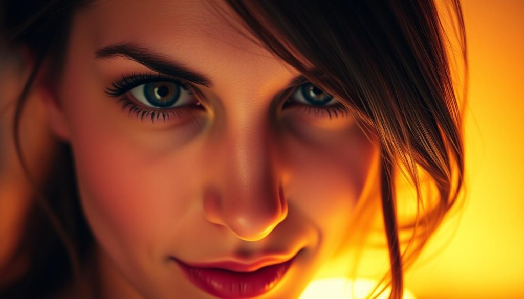 A close-up of a woman's face, her eyes gazing intently at the viewer. Her brow is slightly furrowed, her lips parted in a subtle, coy smile. The lighting is soft and warm, creating a sense of intimacy and vulnerability. The background is blurred, with a warm, hazy tone that adds to the alluring atmosphere. The camera angle is slightly low, creating a sense of the viewer being the object of her attention. The image captures the essence of the "segnali di interesse" - the subtle yet unmistakable signs a woman displays when she is attracted to someone.