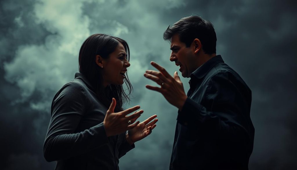 A couple arguing intensely, their faces contorted in frustration, set against a dimly lit, turbulent background. The foreground features their bodies in close proximity, hands gesturing emphatically, tension palpable in their posture. The middle ground is blurred, hinting at the emotional turmoil enveloping them. The background is a swirling storm of muted colors, reflecting the inner conflict and lack of resolution. Dramatic chiaroscuro lighting casts dramatic shadows, heightening the sense of drama and unease. The overall atmosphere conveys the challenges of navigating relationship discord and the need to understand the root causes to find a path forward. A couple arguing intensely, their faces contorted in frustration, set against a dimly lit, turbulent background. The foreground features their bodies in close proximity, hands gesturing emphatically, tension palpable in their posture. The middle ground is blurred, hinting at the emotional turmoil enveloping them. The background is a swirling storm of muted colors, reflecting the inner conflict and lack of resolution. Dramatic chiaroscuro lighting casts dramatic shadows, heightening the sense of drama and unease. The overall atmosphere conveys the challenges of navigating relationship discord and the need to understand the root causes to find a path forward.