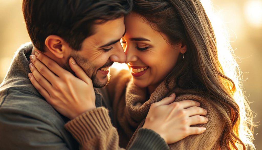 A couple embracing tenderly, their faces reflecting genuine affection and intimacy. The soft, warm lighting casts a golden glow, creating a sense of comfort and safety. The background is blurred, keeping the focus on the two figures, symbolizing their deep emotional connection. The expressions on their faces convey trust, understanding, and a shared sense of joy, showcasing the benefits of a healthy, fulfilling relationship. The overall composition exudes a sense of harmony, balance, and emotional well-being, capturing the essence of a "relazione sana".