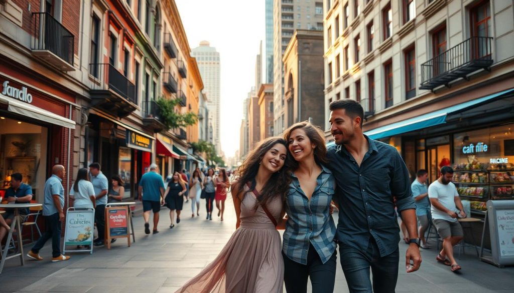 A couple in a lively, urban setting, strolling together down a bustling street. The foreground shows their casual yet fashionable attire, with the woman wearing a flowing dress and the man in a relaxed button-down shirt. In the middle ground, the sidewalk is lined with vibrant storefronts, cafes, and people engaged in conversation. The background features a blend of historic architecture and modern high-rises, bathed in a warm, golden evening light. The overall scene conveys a sense of energy, connection, and the joy of exploring a new environment side by side.