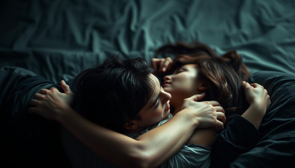 A couple lying in an embrace, their bodies intertwined in a symbolic representation of emotional dependence. The foreground depicts the intense, almost desperate connection between the figures, their faces close and expressions conveying a sense of neediness and obsession. The middle ground suggests a sense of isolation, with the subjects disconnected from their surroundings. The background is hazy and indistinct, emphasizing the narrow focus on the relationship. The lighting is soft and intimate, creating a moody, melancholic atmosphere that reflects the complexities of "dipendenza affettiva" as a modern psychological condition. A couple lying in an embrace, their bodies intertwined in a symbolic representation of emotional dependence. The foreground depicts the intense, almost desperate connection between the figures, their faces close and expressions conveying a sense of neediness and obsession. The middle ground suggests a sense of isolation, with the subjects disconnected from their surroundings. The background is hazy and indistinct, emphasizing the narrow focus on the relationship. The lighting is soft and intimate, creating a moody, melancholic atmosphere that reflects the complexities of "dipendenza affettiva" as a modern psychological condition.