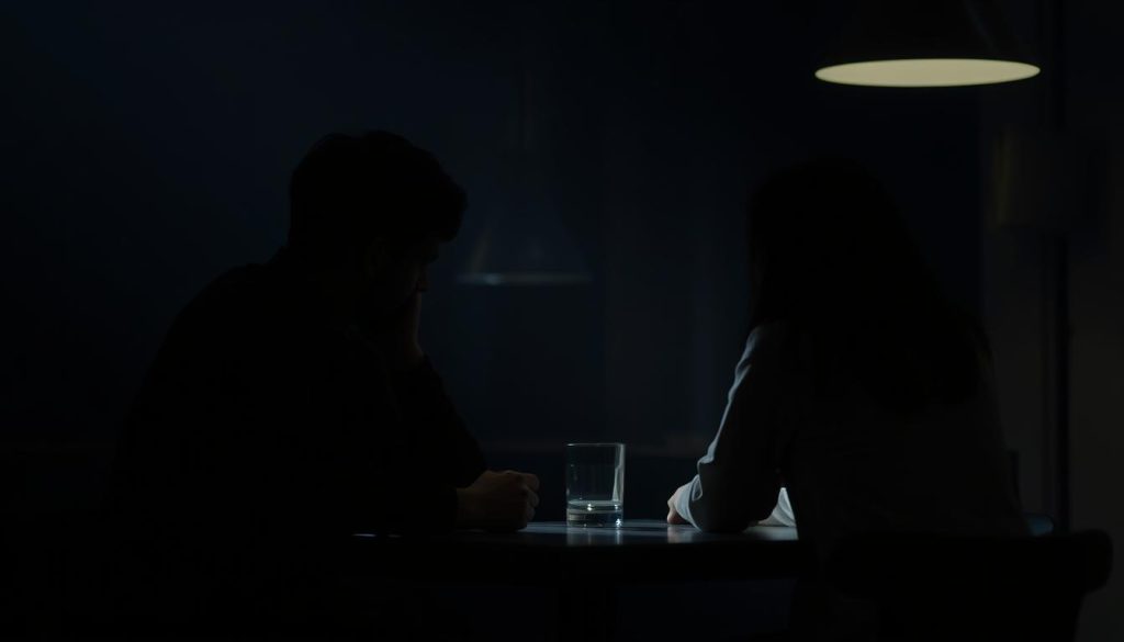 A couple sits at a table, their faces obscured by shadows, conveying a sense of disconnection and misunderstanding. The scene is bathed in a dim, moody lighting, creating an atmosphere of tension and unease. The background is blurred, drawing the viewer's focus to the couple's body language and the space between them. The composition emphasizes the physical and emotional distance, hinting at the communication breakdown at the heart of the "incomprensioni" they are experiencing. A couple sits at a table, their faces obscured by shadows, conveying a sense of disconnection and misunderstanding. The scene is bathed in a dim, moody lighting, creating an atmosphere of tension and unease. The background is blurred, drawing the viewer's focus to the couple's body language and the space between them. The composition emphasizes the physical and emotional distance, hinting at the communication breakdown at the heart of the "incomprensioni" they are experiencing.