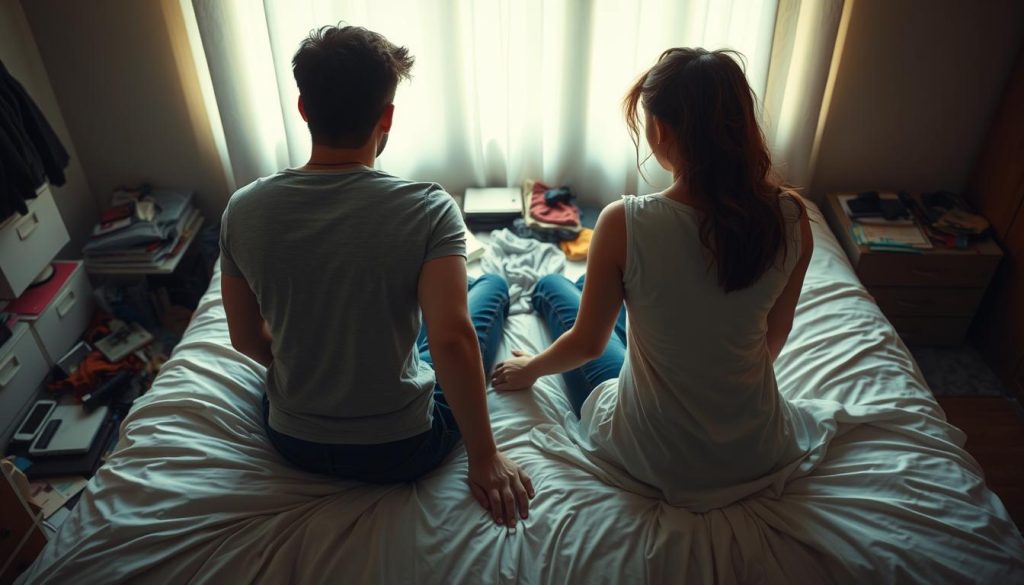 A couple sitting on a bed, looking tired and disconnected. The foreground shows their bodies turned away from each other, hands not touching. The middle ground depicts a messy room with scattered clothes, books, and gadgets, symbolizing the distractions and lack of attention in their relationship. The background is a soft, hazy light, creating a somber, melancholic atmosphere. The lighting is warm and muted, casting shadows that accentuate the couple's detachment. The camera angle is slightly elevated, giving a voyeuristic perspective on their routine and the fading passion.
