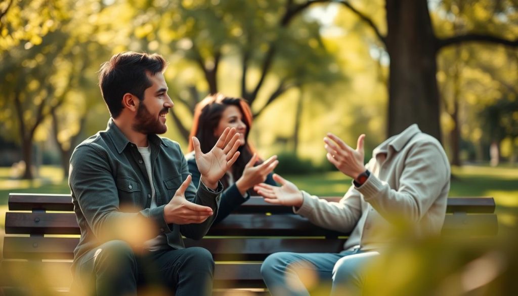 A couple sitting on a park bench, engaged in an animated conversation. The foreground depicts their gesturing hands and expressive facial expressions, conveying the idea of improved communication. The middle ground shows them facing each other, leaning in and making eye contact, while the background blurs into a lush, serene park setting with dappled sunlight filtering through the trees. The mood is one of openness, understanding, and a shared desire to connect. Captured with a shallow depth of field, warm lighting, and a slightly elevated camera angle to emphasize the intimacy of the moment. A couple sitting on a park bench, engaged in an animated conversation. The foreground depicts their gesturing hands and expressive facial expressions, conveying the idea of improved communication. The middle ground shows them facing each other, leaning in and making eye contact, while the background blurs into a lush, serene park setting with dappled sunlight filtering through the trees. The mood is one of openness, understanding, and a shared desire to connect. Captured with a shallow depth of field, warm lighting, and a slightly elevated camera angle to emphasize the intimacy of the moment.