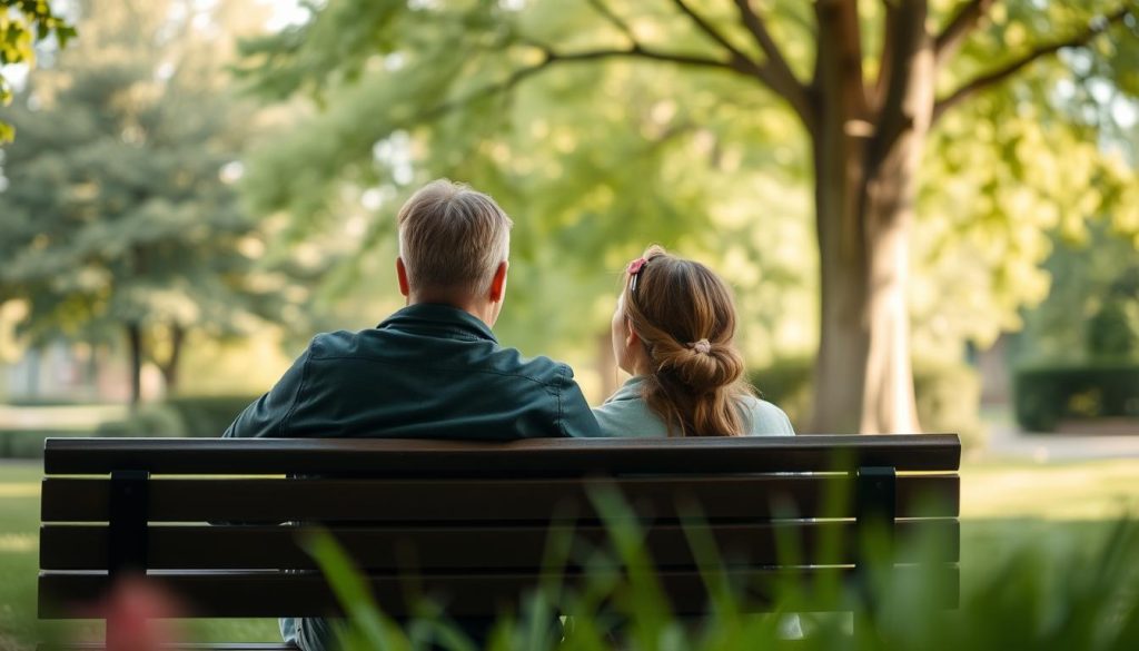 A couple sitting on a park bench, enjoying a leisurely afternoon together. The foreground features the two individuals, their faces close and engaged in intimate conversation, conveying a sense of emotional connection and intimacy. The middle ground shows a lush, verdant park setting, with trees and greenery providing a soothing, natural backdrop. The lighting is soft and warm, creating a cozy, romantic atmosphere. The angle is slightly elevated, giving a sense of observing the scene from a distance, as if capturing a private moment. The overall composition emphasizes the importance of quality time and emotional intimacy in maintaining a strong, healthy relationship.