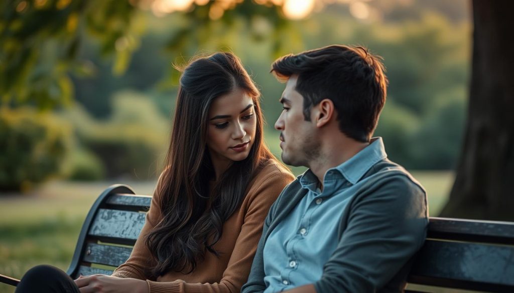 A couple sitting on a park bench, lost in an intense gaze, their faces illuminated by the warm glow of the setting sun. The woman's expression is one of deep infatuation, while the man's appears conflicted, hinting at the thin line between passionate love and unhealthy attachment. Soft, blurred edges create an intimate, dreamlike atmosphere, as if we're peering into a private moment. The background is a serene landscape of lush greenery, suggesting the natural world's eternal cycle of growth and change, a contrast to the emotional turmoil unfolding before us. A couple sitting on a park bench, lost in an intense gaze, their faces illuminated by the warm glow of the setting sun. The woman's expression is one of deep infatuation, while the man's appears conflicted, hinting at the thin line between passionate love and unhealthy attachment. Soft, blurred edges create an intimate, dreamlike atmosphere, as if we're peering into a private moment. The background is a serene landscape of lush greenery, suggesting the natural world's eternal cycle of growth and change, a contrast to the emotional turmoil unfolding before us.