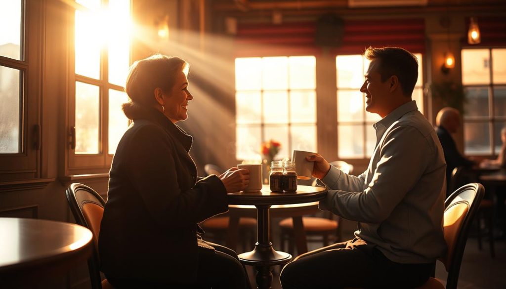 A cozy Italian café, sunlight streaming through large windows, casting a warm glow on the intimate setting. Two figures sit across a small, round table, their faces alight with the joyful exchange of memories, hands wrapped around steaming mugs of rich espresso. The scene is a blend of soft, romantic lighting, the aroma of freshly brewed coffee, and the gentle hum of conversation, creating a timeless, nostalgic atmosphere that captures the essence of a cherished moment.