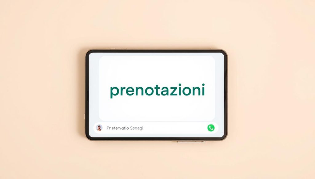 A cozy and inviting WhatsApp chat interface, with a central message window displaying the Italian word "prenotazioni" (reservations) in a clean, modern font. The background is a soft, neutral tone, creating a warm and minimalist ambiance. The chat window is flanked by the typical WhatsApp interface elements, such as the contact profile picture, name, and message options, all rendered in a high level of detail. The overall composition conveys a sense of productivity and organization, reflecting the practical nature of scheduling appointments and reservations through the popular messaging app. A cozy and inviting WhatsApp chat interface, with a central message window displaying the Italian word "prenotazioni" (reservations) in a clean, modern font. The background is a soft, neutral tone, creating a warm and minimalist ambiance. The chat window is flanked by the typical WhatsApp interface elements, such as the contact profile picture, name, and message options, all rendered in a high level of detail. The overall composition conveys a sense of productivity and organization, reflecting the practical nature of scheduling appointments and reservations through the popular messaging app.