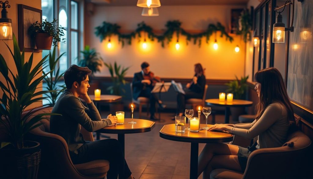 A cozy, candlelit cafe setting with small, intimate tables for two. Shy individuals sitting across from each other, making tentative eye contact and engaging in soft conversation. Warm, ambient lighting casts a gentle glow, creating a relaxed and inviting atmosphere. Potted plants and soft, plush furnishings add a touch of comfort and sophistication. In the background, a string quartet plays soothing, melodic music, setting the stage for a comfortable, low-pressure social interaction. The scene conveys a sense of nervousness and anticipation, but also the potential for genuine connection.