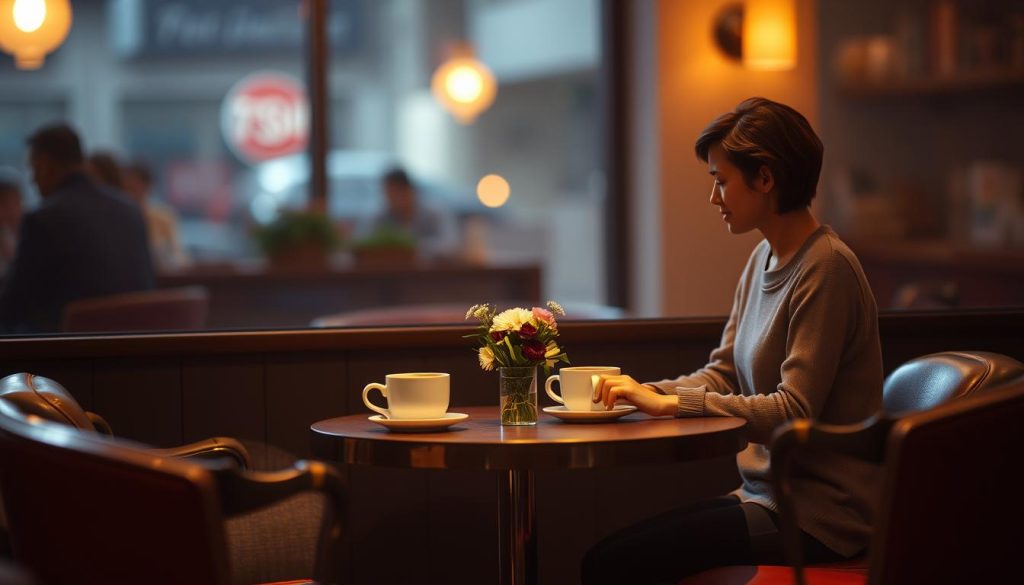A cozy, dimly lit cafe setting, with a pair of introverted individuals seated at a small, intimate table. Soft, warm lighting casts a comforting glow, creating a relaxed atmosphere. The table is adorned with a simple floral centerpiece and two cups of steaming coffee, inviting the viewers to imagine the quiet, thoughtful conversation taking place. The two figures, dressed in casual, comfortable attire, appear engaged but slightly reserved, reflecting the delicate nature of the "introvert's date night" scenario. The background is blurred, emphasizing the focus on the two individuals and their private moment. A sense of understated elegance and a touch of whimsy permeates the scene, capturing the unique challenges and joys of dating for those who find social interactions more taxing.
