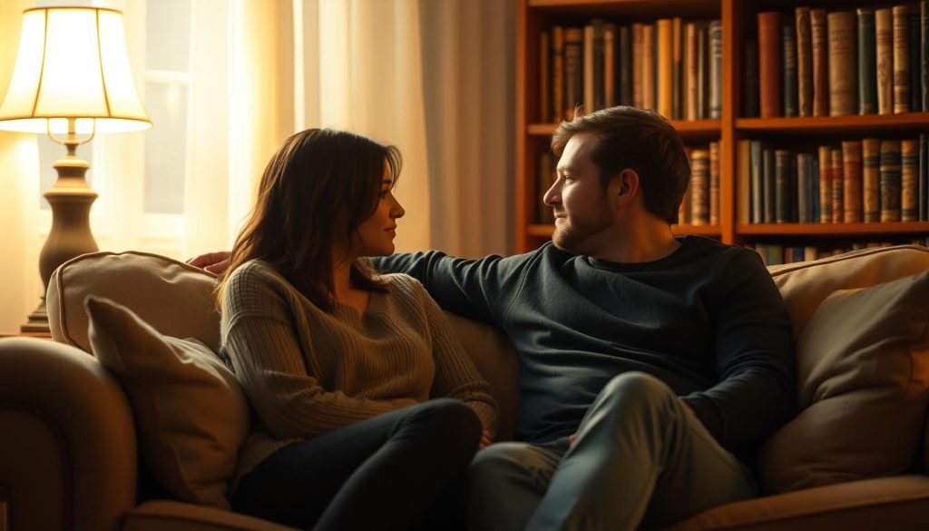 A cozy, warm-lit room with a plush sofa and two individuals sitting close, leaning in towards each other, deep in intimate conversation. Soft lighting from a nearby lamp casts a gentle glow, creating a sense of comfort and intimacy. In the background, a bookshelf filled with well-worn volumes suggests an atmosphere of intellectual curiosity and meaningful connections. The scene conveys the essence of a "happy secret" relationship, where two people have found solace and understanding in each other's company.