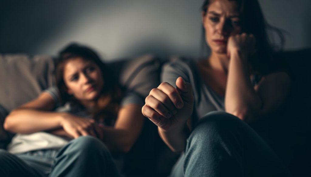 A dimly lit, intimate setting with a couple sitting on a couch, facing each other, their body language tense and withdrawn. The foreground focuses on their clasped hands, fingers intertwined yet disconnected, conveying a sense of emotional distance. The middle ground reveals their expressions - a mix of sadness, frustration, and uncertainty. The background is hazy, suggesting a sense of isolation and disconnection from the outside world. The lighting is soft and muted, creating a somber, introspective atmosphere, reflecting the weight of the relationship's challenges. The overall scene evokes the subtle but alarming signs that a relationship may be nearing its end. A dimly lit, intimate setting with a couple sitting on a couch, facing each other, their body language tense and withdrawn. The foreground focuses on their clasped hands, fingers intertwined yet disconnected, conveying a sense of emotional distance. The middle ground reveals their expressions - a mix of sadness, frustration, and uncertainty. The background is hazy, suggesting a sense of isolation and disconnection from the outside world. The lighting is soft and muted, creating a somber, introspective atmosphere, reflecting the weight of the relationship's challenges. The overall scene evokes the subtle but alarming signs that a relationship may be nearing its end.