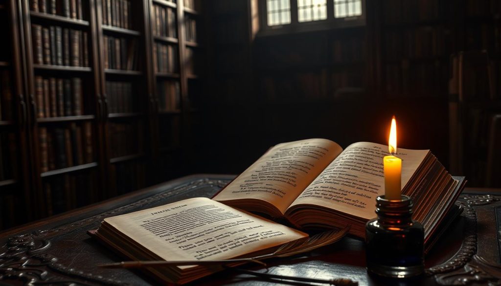 A dimly lit library, the shelves casting long shadows across an ornate wooden table. On the table, a leather-bound book lies open, its pages filled with delicately penned words - phrases of seduction, captivating and eloquent. A single candle flickers, its warm glow illuminating the scene and creating a sense of intimacy and intrigue. In the foreground, a quill and bottle of ink, suggesting the power of the written word to sway and captivate. The atmosphere is one of subtle allure, where the art of conversation and the mastery of language hold the key to conquest.
