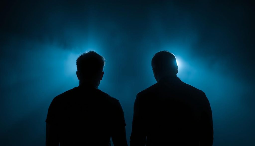 A dimly lit room, the tension palpable. Two figures, faces obscured, stand facing each other, body language conveying a sense of disconnection and unease. The lighting casts long shadows, creating a moody, introspective atmosphere. The background is blurred, hazy, emphasizing the subjects' emotional isolation. Cool tones of blue and gray predominate, evoking a sense of melancholy and mistrust. The overall composition suggests a moment of introspection, a pause in a relationship where trust has been lost or is yet to be established.