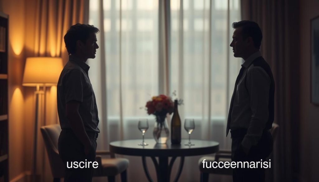 A dimly lit room, two figures in the foreground, one casually dressed and the other in formal attire, standing apart and facing each other, conveying a sense of distance and formality. In the middle ground, a table with a vase of flowers, a bottle of wine, and two empty glasses, suggesting a more intimate setting. The background is blurred, creating a sense of focus on the central figures and their interaction. Soft, warm lighting illuminates the scene, casting subtle shadows and highlighting the contrast between the two individuals. The overall mood is one of thoughtful contemplation, as if the viewer is witnessing a moment of decision or evaluation between the two options of "uscire" and "frequentarsi".