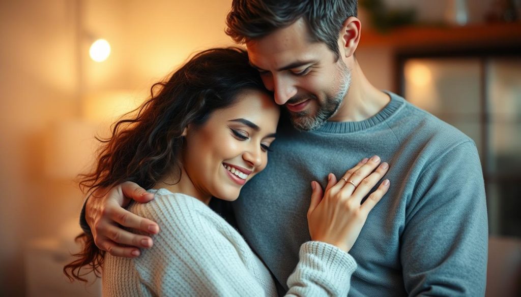 A loving couple embracing in a warm, cozy setting. Soft lighting casts a gentle glow, highlighting their intimate connection. Their expressions convey a mix of deep affection and comfortable familiarity, suggesting a relationship built on trust and mutual understanding. The background is blurred, drawing the viewer's focus to the couple's tender moment, capturing the essence of true love and the delicate balance between passion and habit in a long-term relationship.