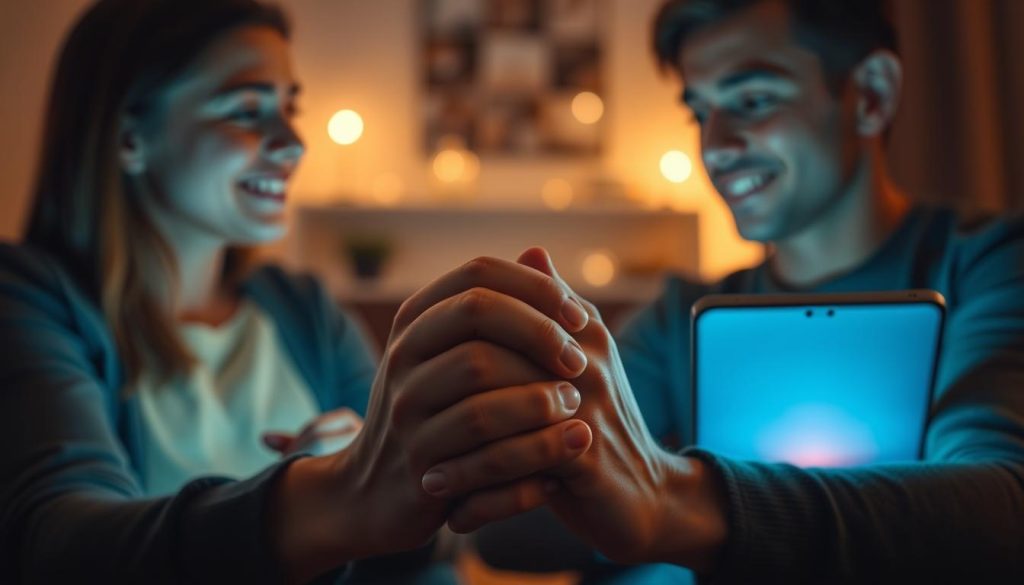 A loving couple engaged in video call, their faces illuminated by the soft glow of their digital devices. In the foreground, hands clasped tightly, conveying the intimacy and connection they share despite the physical distance between them. The middle ground features subtle details like a cozy, dimly lit room, hinting at the privacy and comfort of their virtual rendezvous. The background is slightly blurred, creating a sense of focus on the central subjects and their emotional bond. The overall mood is one of warmth, tenderness, and the resilience of long-distance love. A loving couple engaged in video call, their faces illuminated by the soft glow of their digital devices. In the foreground, hands clasped tightly, conveying the intimacy and connection they share despite the physical distance between them. The middle ground features subtle details like a cozy, dimly lit room, hinting at the privacy and comfort of their virtual rendezvous. The background is slightly blurred, creating a sense of focus on the central subjects and their emotional bond. The overall mood is one of warmth, tenderness, and the resilience of long-distance love.