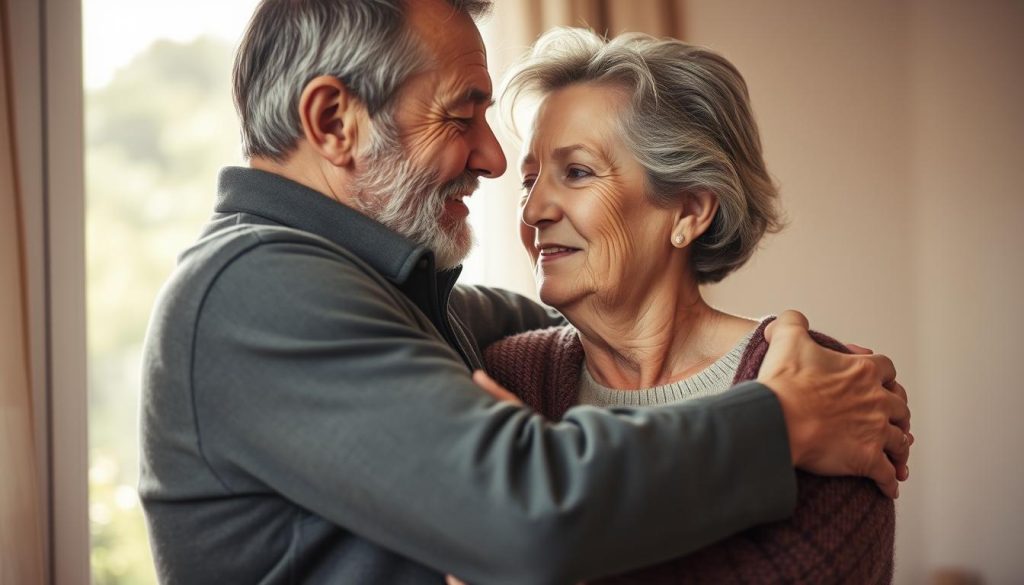 A mature, contemplative couple embracing, their weathered faces reflecting a lifetime of shared experiences. The warm, natural light filters through a window, casting a gentle glow on their tender embrace. Their bodies are intertwined, conveying a deep, unspoken connection, their eyes locked in a tranquil, meaningful gaze. The background is softly blurred, drawing the viewer's focus to the intimacy and emotional depth of the moment. The overall mood is one of contentment, wisdom, and the quiet joy of a relationship that has endured and grown stronger over time. A mature, contemplative couple embracing, their weathered faces reflecting a lifetime of shared experiences. The warm, natural light filters through a window, casting a gentle glow on their tender embrace. Their bodies are intertwined, conveying a deep, unspoken connection, their eyes locked in a tranquil, meaningful gaze. The background is softly blurred, drawing the viewer's focus to the intimacy and emotional depth of the moment. The overall mood is one of contentment, wisdom, and the quiet joy of a relationship that has endured and grown stronger over time.