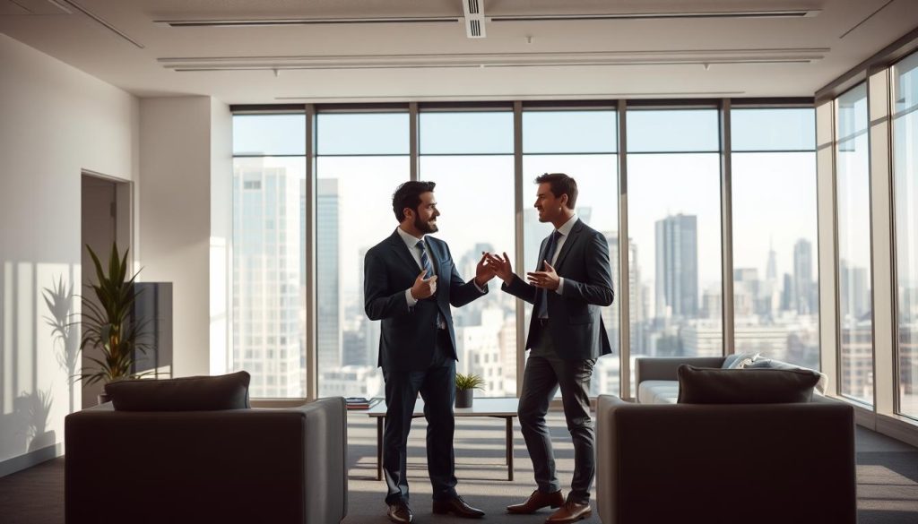 A modern and professional office setting, with two people engaged in a meeting. The foreground features the two individuals, one in a suit and the other in business casual attire, facing each other and gesturing animatedly, conveying a sense of active discussion and collaboration. The middle ground showcases a minimalist, well-lit office space with clean lines, neutral tones, and strategically placed furniture that creates an aura of productivity and focus. The background offers a view of the city skyline through large windows, suggesting a sense of connectedness and opportunity. The overall atmosphere is one of positivity, open communication, and a shared commitment to achieving success. A modern and professional office setting, with two people engaged in a meeting. The foreground features the two individuals, one in a suit and the other in business casual attire, facing each other and gesturing animatedly, conveying a sense of active discussion and collaboration. The middle ground showcases a minimalist, well-lit office space with clean lines, neutral tones, and strategically placed furniture that creates an aura of productivity and focus. The background offers a view of the city skyline through large windows, suggesting a sense of connectedness and opportunity. The overall atmosphere is one of positivity, open communication, and a shared commitment to achieving success.